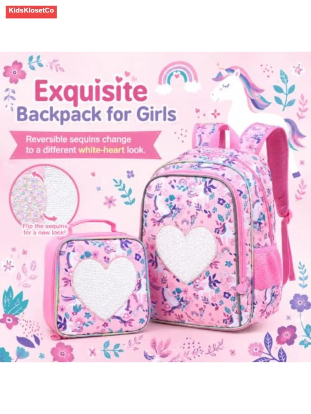 3pc Unicorn Backpack Set with Lunch Box Pencil Pouch Sequin Flip School Bag